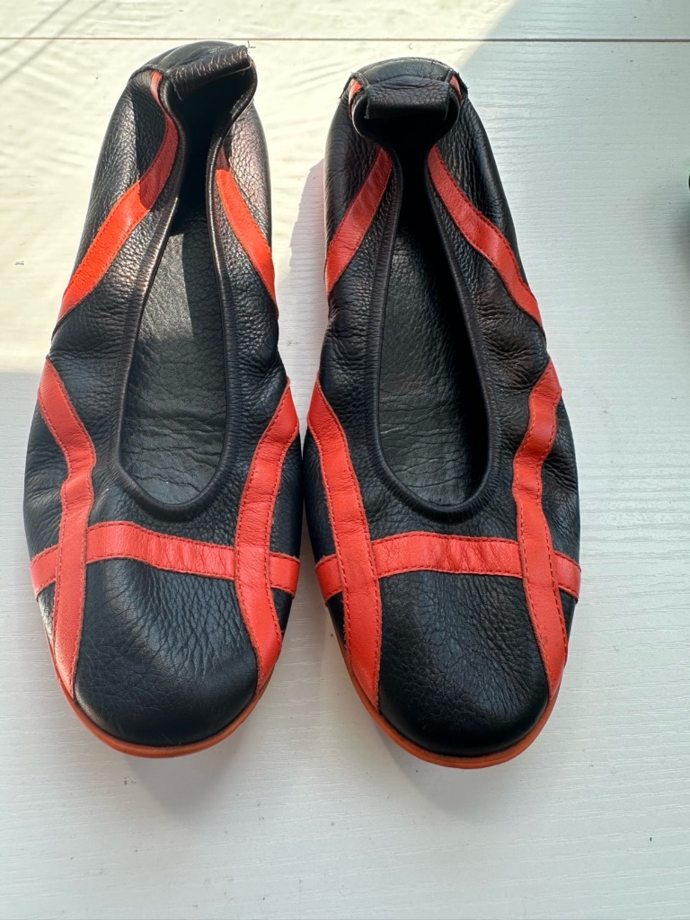 Arche Black Leather Ballet Flats with Red Trim